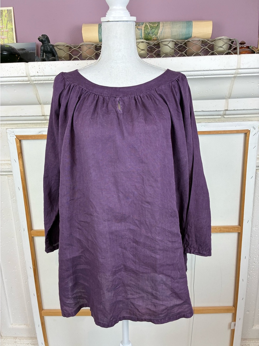 Match Point Pure Linen Tunic w/ round collar keyhole neck side vents
